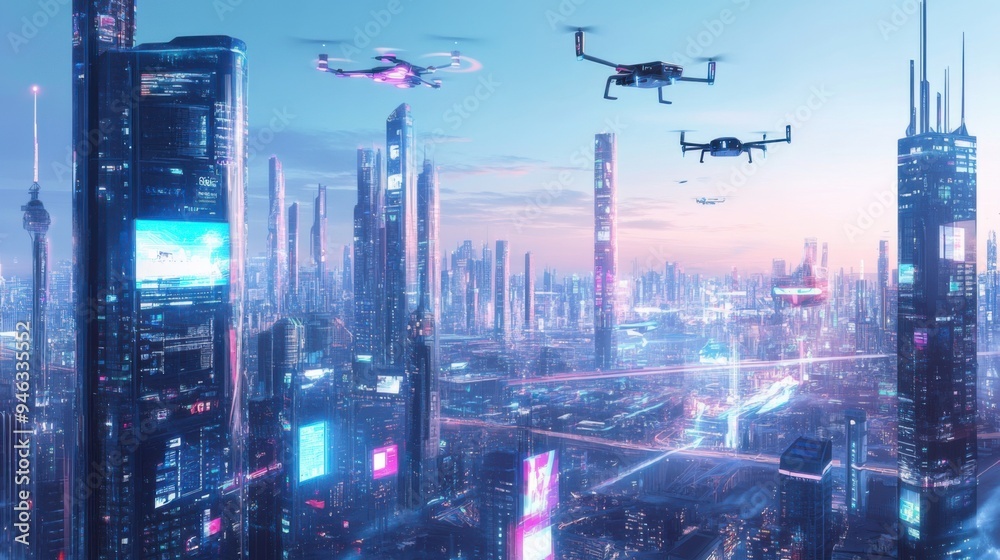 Futuristic city with smart technology and innovations. There are flying drones, smart buildings and green energy solutions