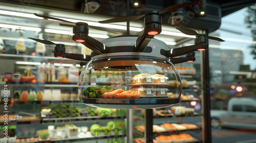 Innovative drone delivering food products, 3D visuals highlight advanced technology and realistic food packaging, with enough space for promotional messages.

