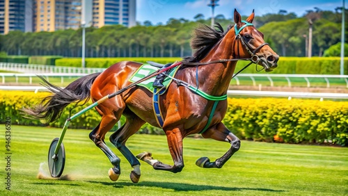 Magnificent bay gelding wearing intricately designed harness and sulky, galloping at high speed on a sunny racetrack, surrounded by lush greenery and blurred grandstands. photo