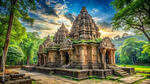 Majestic ancient stone temple with intricate carvings and ornate details stands proudly amidst a lush green forest, rich in history and architectural grandeur. photo