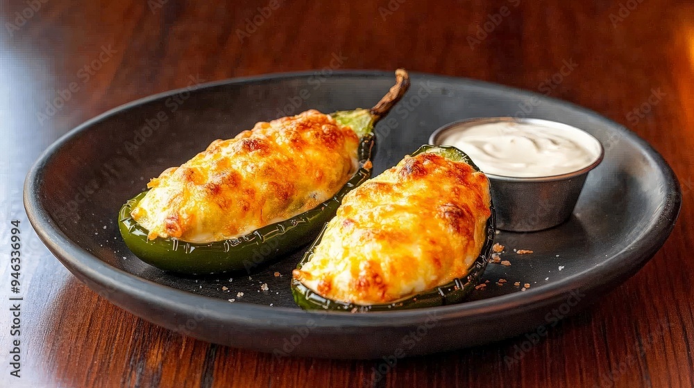 Close-up of two Jalapeno Poppers on a black plate with a side of sour cream Close-up of two Jalapeno Poppers on a black plate with a side of sour cream
