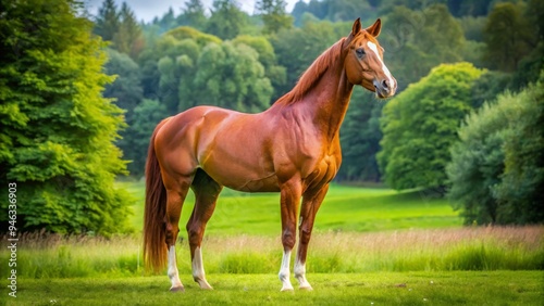 Majestic chestnut horse standing in a lush green meadow, looking straight ahead, its muscles relaxed, with a subtle sheen on its sleek coat.
