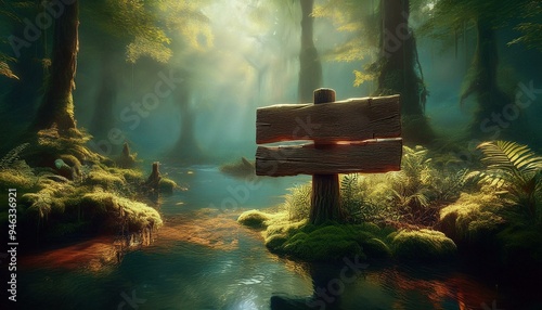 Wooden sign in shady forest with river, Signpost in swamp, Generative AI photo