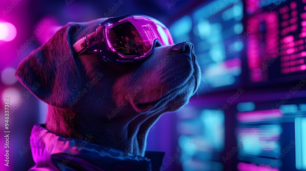 Fototapeta premium Analytical Dog Data Scientist Scrutinizing Statistical Visualizations on Digital Displays in Minimalist Workspace