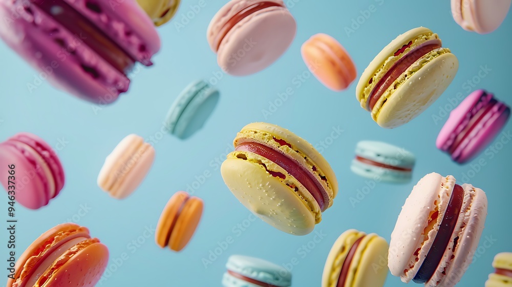 Various Colorful of Macarons Floating on the Air on blue background Various Colorful of Macarons Floating on the Air on blue background