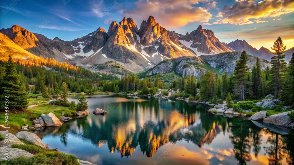 Fototapeta premium Majestic granite peaks rise above serene alpine lakes and lush green forests in the rugged Sierra Nevada mountain range at dawn's golden light.