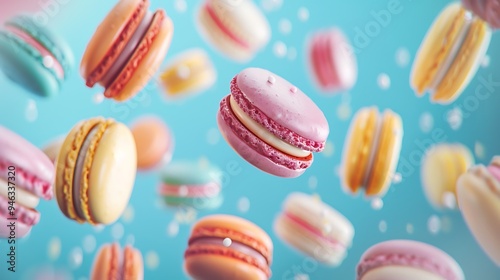 Wallpaper Mural Various Colorful of Macarons Floating on the Air on blue background Torontodigital.ca