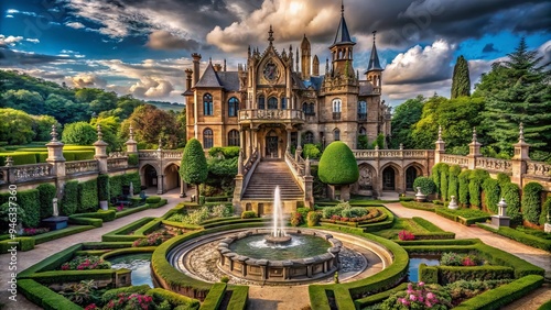Majestic Gothic mansion surrounded by lush greenery and ornate fountains, featuring intricate stonework, towers, and grandiose staircases, evoking mystery and ancient history. photo
