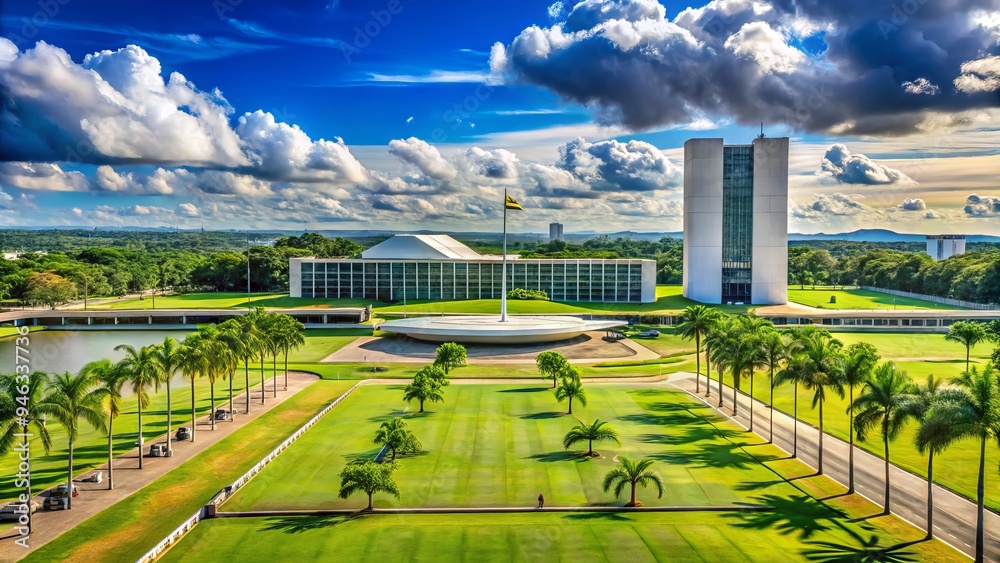 Obraz premium Majestic neoclassical-style Federal Senate building in Brasilia, Brazil, flaunting grandiose architecture, ornate details, and lush green surroundings, symbolizing national legislative power