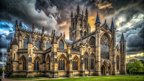 Majestic stone cathedral with intricate carvings, towering spires, and stunning stained glass windows, set against a dramatic, foreboding, dark grey cloudy sky.