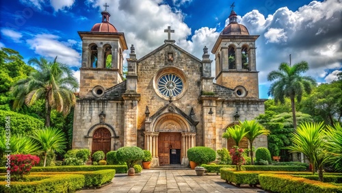 Majestic stone façade of an ancient Catholic church with intricate stone carvings, stained glass windows, and a towering bell tower set amidst lush greenery. photo