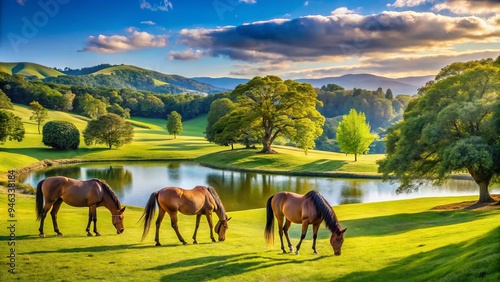 Majestic thoroughbred horses graze peacefully in a lush, sun-drenched park with rolling hills, verdant trees, and a serene lake in the background. photo