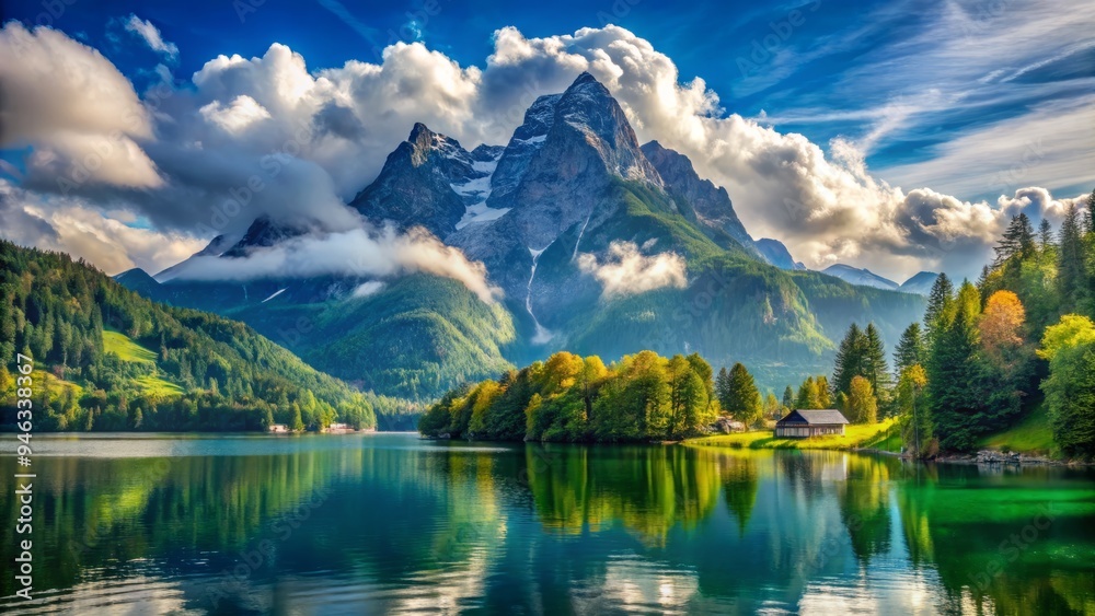 Fototapeta premium Majestic Watzmann Mountain towers above tranquil Lake Königsee, surrounded by lush green forests, under a vibrant blue sky with fluffy white clouds in Berchtesgaden, Germany.