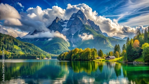 Majestic Watzmann Mountain towers above tranquil Lake Königsee, surrounded by lush green forests, under a vibrant blue sky with fluffy white clouds in Berchtesgaden, Germany. photo