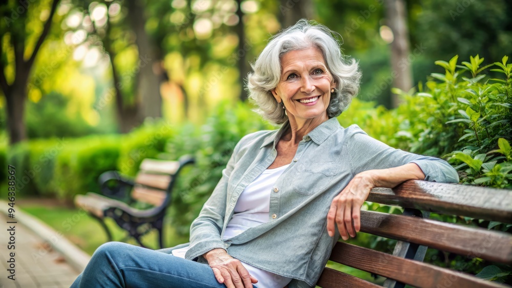 Mature adult with gentle smile and wispy gray hair, sitting comfortably on a park bench, surrounded by lush greenery, conveying serenity and contentment. Mature adult with gentle smile and wispy gray hair, sitting comfortably on a park bench, surrounded by lush greenery, conveying serenity and contentment.