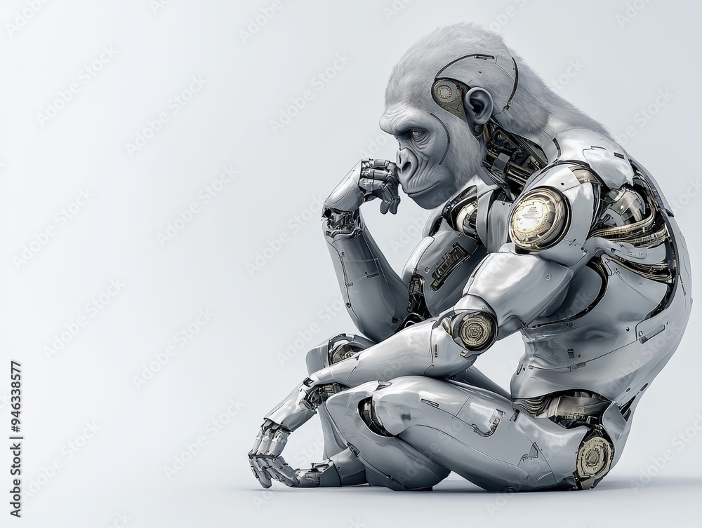 A futuristic humanoid robot with gorilla-like features, contemplating in a serene, minimalist environment. A futuristic humanoid robot with gorilla-like features, contemplating in a serene, minimalist environment.