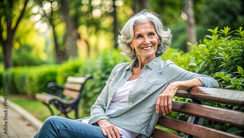 Mature adult with gentle smile and wispy gray hair, sitting comfortably on a park bench, surrounded by lush greenery, conveying serenity and contentment. photo