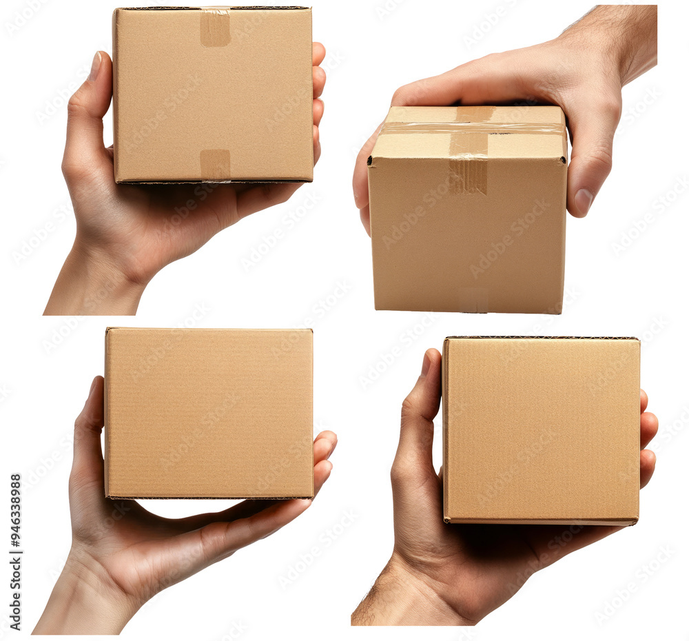 Hands holding small cardboard boxes for delivery isolated on transparent background Hands holding small cardboard boxes for delivery isolated on transparent background