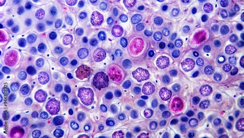 Microscopic view of abnormal lymph node tissue with distinctive follicular pattern, characteristic of follicular lymphoma, a type of non-Hodgkin lymphoma cancer. photo