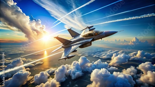 Military fighter jet soaring through cloudy blue skies, leaving behind contrail streaks, showcasing precision and power in mid-air combat readiness. photo