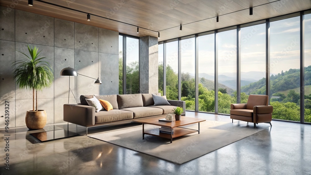 Minimalist interior with sleek lines, floor-to-ceiling windows, and a stunning light-filled atmosphere, showcasing a spacious and airy modern living room with a polished concrete floor. Minimalist interior with sleek lines, floor-to-ceiling windows, and a stunning light-filled atmosphere, showcasing a spacious and airy modern living room with a polished concrete floor.