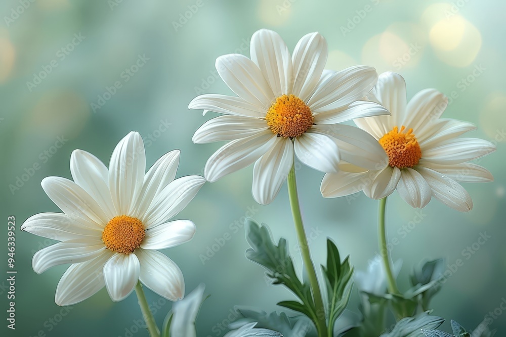 Fototapeta premium Three white daisies with yellow centers on a soft green background, capturing the essence of spring, simplicity, and natural beauty, perfect for floral and seasonal designs.