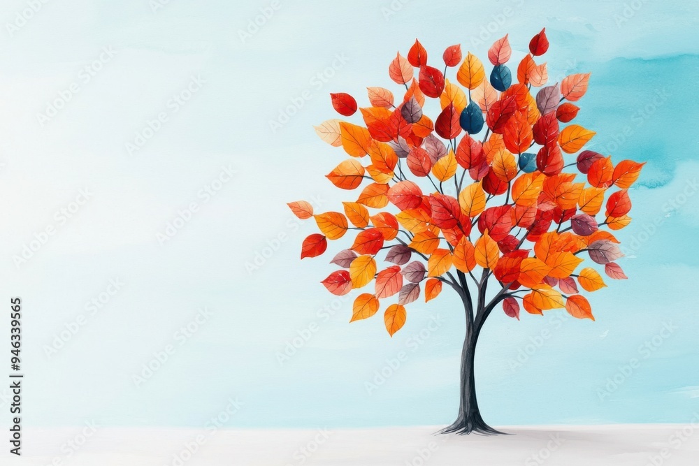 Vibrant autumn tree with colorful leaves, set against a serene blue background, perfect for seasonal themes and nature designs.