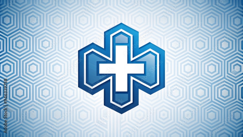 Obraz premium Modern blue and white hospital logo featuring a stylized medical cross symbol surrounded by bold typography and subtle patterns, conveying healthcare and wellness themes.