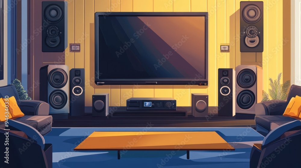 Home Theater Room with Large TV and Surround Sound Speakers Home Theater Room with Large TV and Surround Sound Speakers