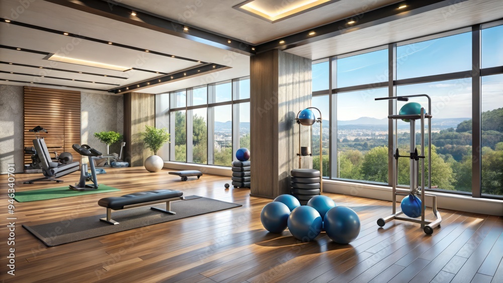 Modern exercise room interior with organized weights, exercise balls, and high-tech machines in a sleek, minimalist space with large windows and wooden flooring. Modern exercise room interior with organized weights, exercise balls, and high-tech machines in a sleek, minimalist space with large windows and wooden flooring.