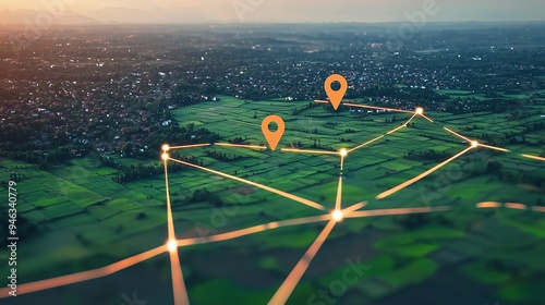 Aerial view of property mapping with location markers and connected lines highlighting land plots. photo