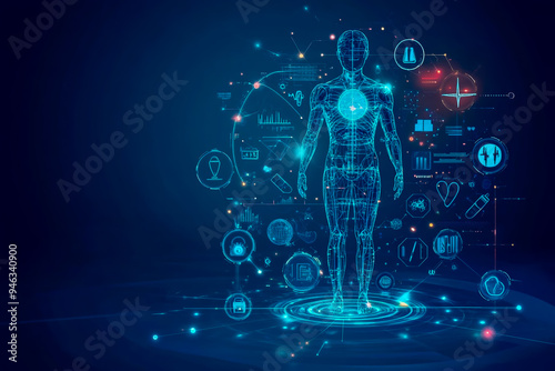 Medical tech background with digital human icon and health symbols on a blue gradient.