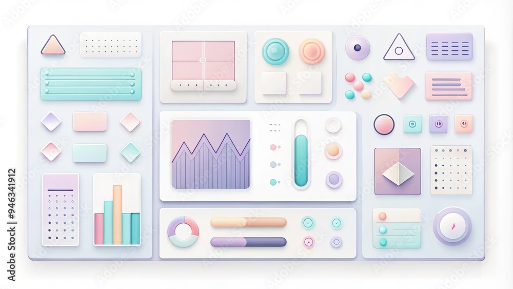 Modern minimalist graphical user interface set featuring geometric shapes and abstract symbols in pastel colors on a clean white background for digital design. Modern minimalist graphical user interface set featuring geometric shapes and abstract symbols in pastel colors on a clean white background for digital design.