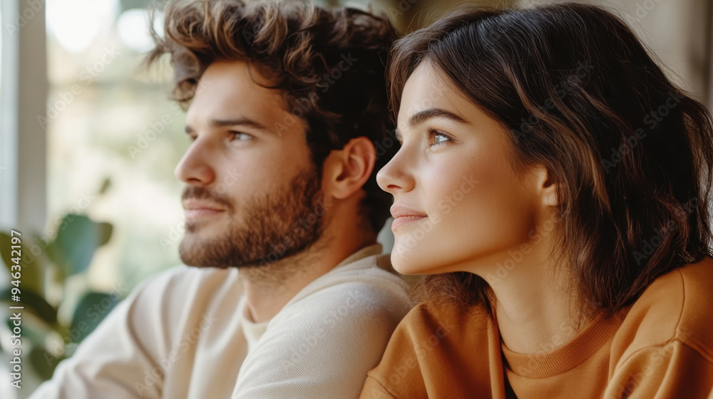 Thoughtful young couple gazing out the window, reflecting on life in a cozy indoor setting with natural light Thoughtful young couple gazing out the window, reflecting on life in a cozy indoor setting with natural light