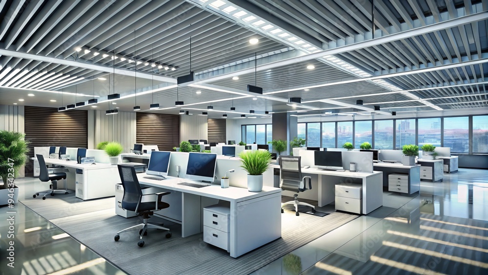 Modern office interior with sleek, white, drop-down ceiling and recessed lighting, accented by rows of cubicles and a sprawling network of computer workstations. Modern office interior with sleek, white, drop-down ceiling and recessed lighting, accented by rows of cubicles and a sprawling network of computer workstations.