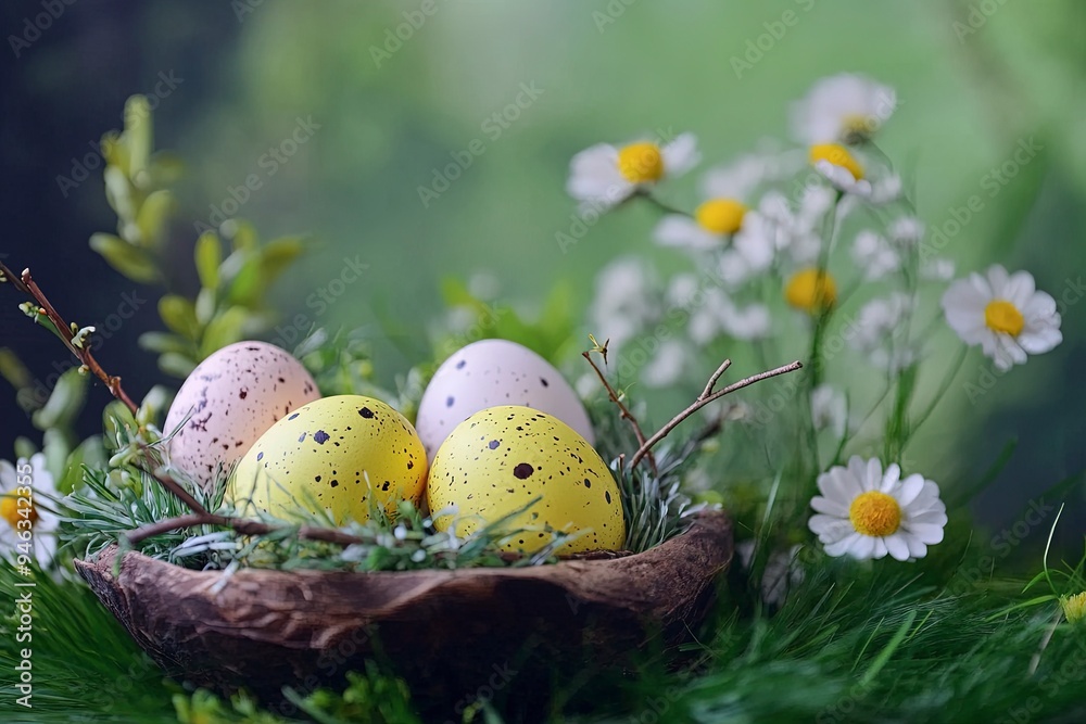Painted easter eggs on twig in bowl on table with spring flowers and green grass. Generative Ai