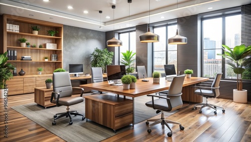 Modern office interior with sleek wooden desks, ergonomic chairs, and minimalistic decor, conveying a sense of professionalism and corporate efficiency in a contemporary business setting.