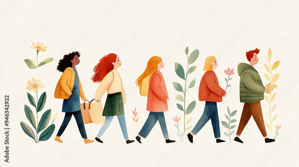 Enchanting Botanical Garden Exploration - Illustration of Diverse Group Amid Colorful Flora in Fresh Spring Setting, Watercolor Art Style