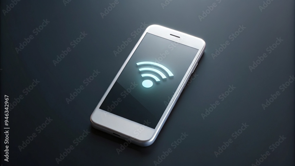 Modern white smartphone with screen displaying minimalist wireless payment icon, surrounded by subtle gradient effects, isolated on a clean dark background. Modern white smartphone with screen displaying minimalist wireless payment icon, surrounded by subtle gradient effects, isolated on a clean dark background.