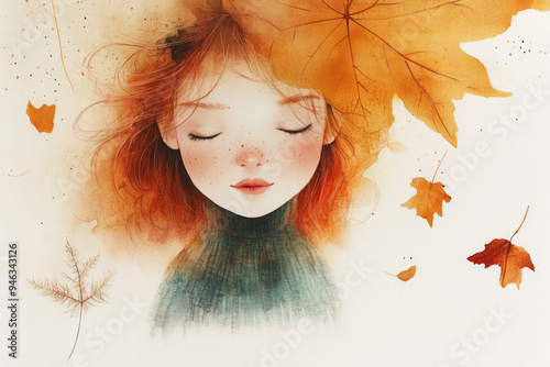 Portrait aquarelle d'une fille aux yeux fermés, entourée de feuilles d'automne. Ambiance calme et poétique. photo