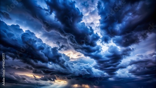 Moody abstract background featuring dark, wispy clouds silhouetted against a deep, foreboding indigo sky, evoking a sense of mystery and dramatic intensity.