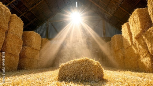 Wallpaper Mural Sunlit barn interior filled with stacks of hay, with dust particles floating in the air, farm nostalgia Torontodigital.ca