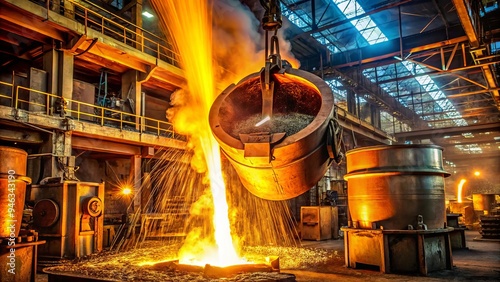 Molten metal flows into a crucible as sparks fly in a high-temperature industrial refining process, illuminating a factory interior with fiery orange and yellow hues.
