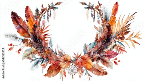 Boho Christmas Wreath Clipart with Dreamcatcher in Earthy Watercolor - Isolated on White | Festive Holiday Illustration