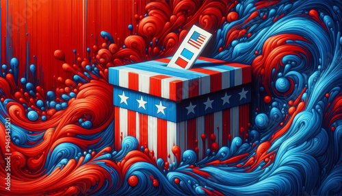 Abstract Oil Painting Depicting US Presidential Elections Red and Blue Colored Democrat and Republican Ballot Box and Flag