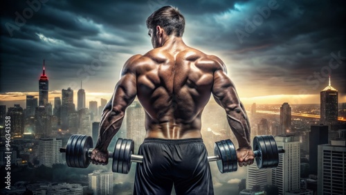 Muscular athlete's toned back and shoulders visible as they stand in a bent-over position, grasping dumbbells, with a blurred cityscape in the background. photo