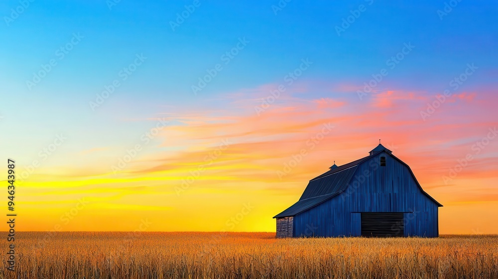 A traditional barn silhouette against the backdrop of a colorful harvest sunset A traditional barn silhouette against the backdrop of a colorful harvest sunset