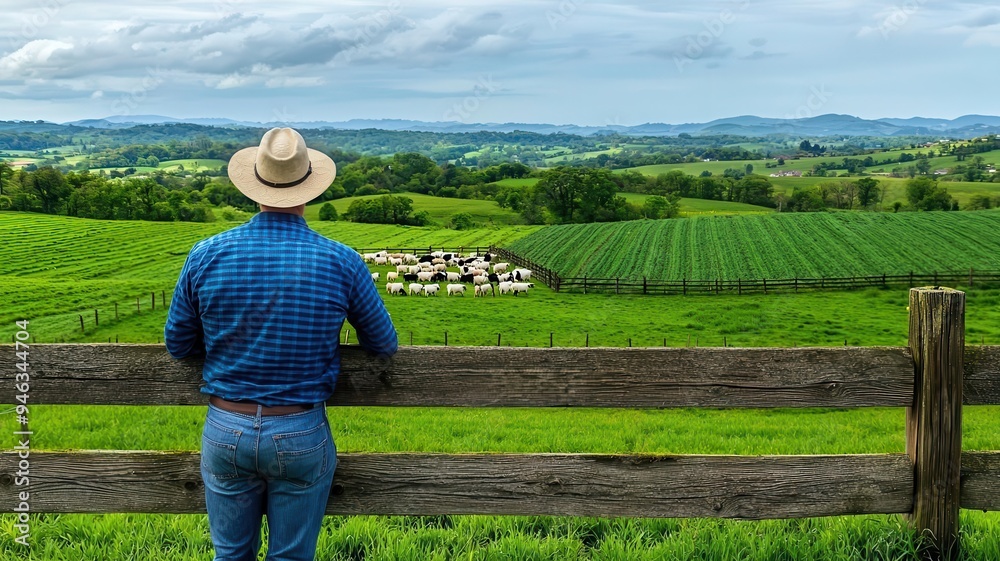 Farmer leaning against a wooden fence, overlooking a lush farmyard full of livestock and crops Farmer leaning against a wooden fence, overlooking a lush farmyard full of livestock and crops