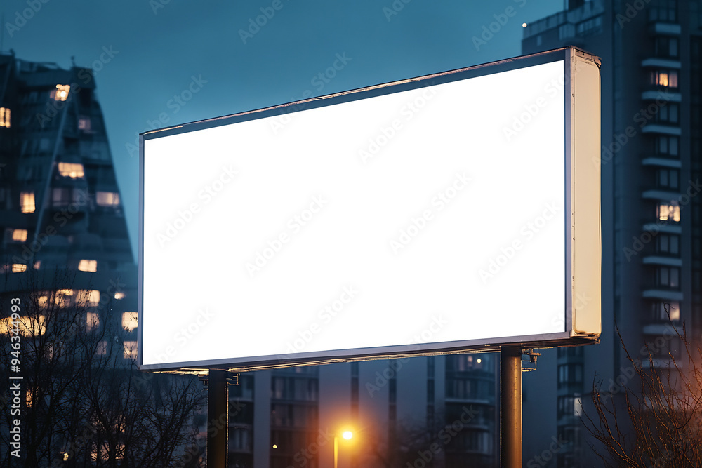 A blank white billboard stands against the backdrop of city lights A blank white billboard stands against the backdrop of city lights