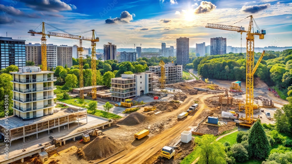 Panoramic view of a suburban construction site with cranes, excavators, and workers building modern apartments and offices surrounded by lush greenery and cityscape. Panoramic view of a suburban construction site with cranes, excavators, and workers building modern apartments and offices surrounded by lush greenery and cityscape.